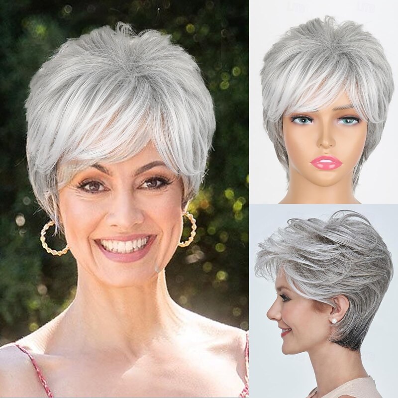 Grey Short Hair Wigs for White Women Silver Grey Short Curly Pixie Cut Wigs with Bangs Charming Synthetic Glueless Layered Wavy Wigs For Old Lady (Silver Gray)