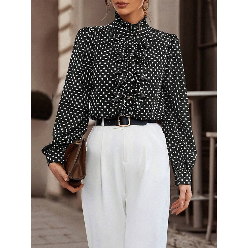 Women's T Shirt Polka Dot Modern Casual Long Sleeve High Neck Regular Tops Daily Black Brown Fall Winter4