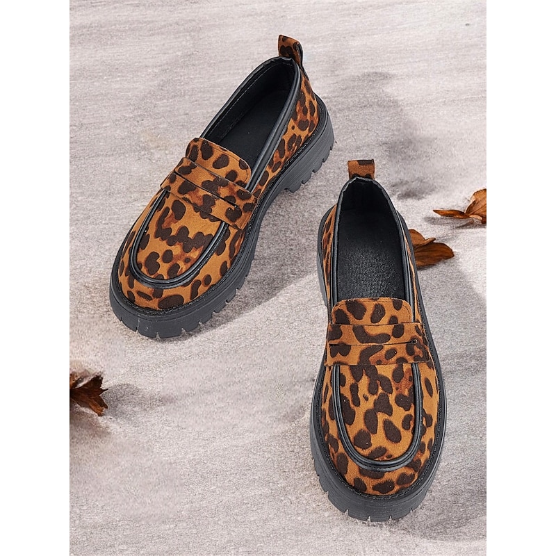 Women's Leopard Print Chunky Loafers - Suede Slip-On Shoes with Rugged Sole, Perfect for Casual and Streetwear Styles3