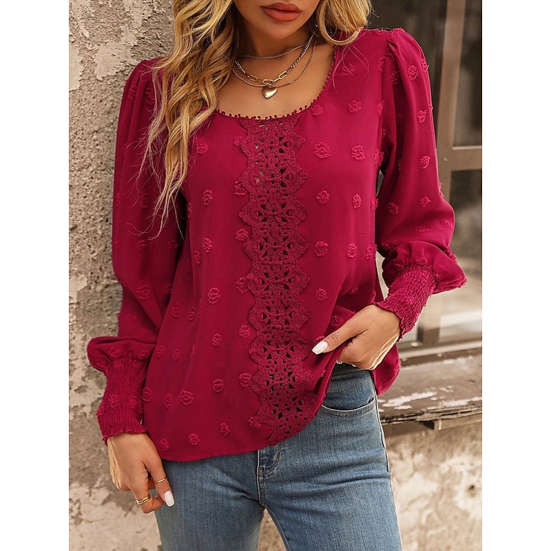 Women's Elegant Lace Tops Eyelet Blouse Casual Solid Color Regular Tops Long Sleeve Crew Neck Lace Patchwork Regular Fit Daily Romantic Petite Tops Summer Holiday Wear Red