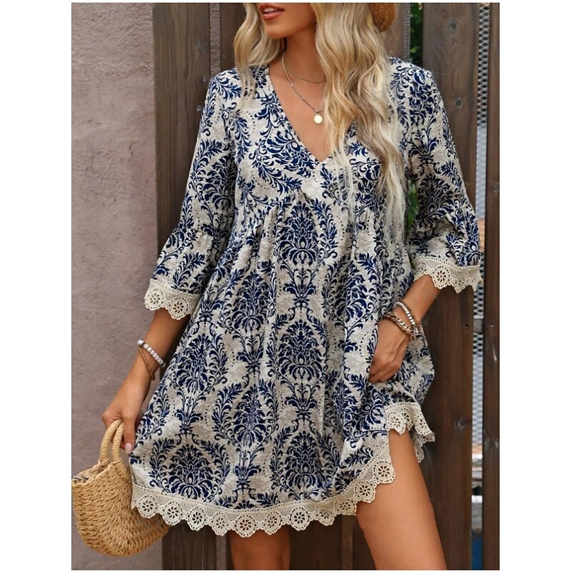 Women's Mini Dress Petite Dress Casual Dress Boho Dress Casual Daily Regular Fit Floral 3/4 Length Sleeve V Neck Wine Blue Green Summer Spring Fall3