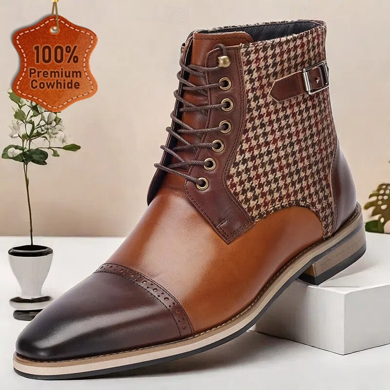 Men's Premium Cowhide Leather Ankle Boots – Vintage Houndstooth Pattern with Buckle Detail, Stylish Dress Boots for Formal and Casual Wear