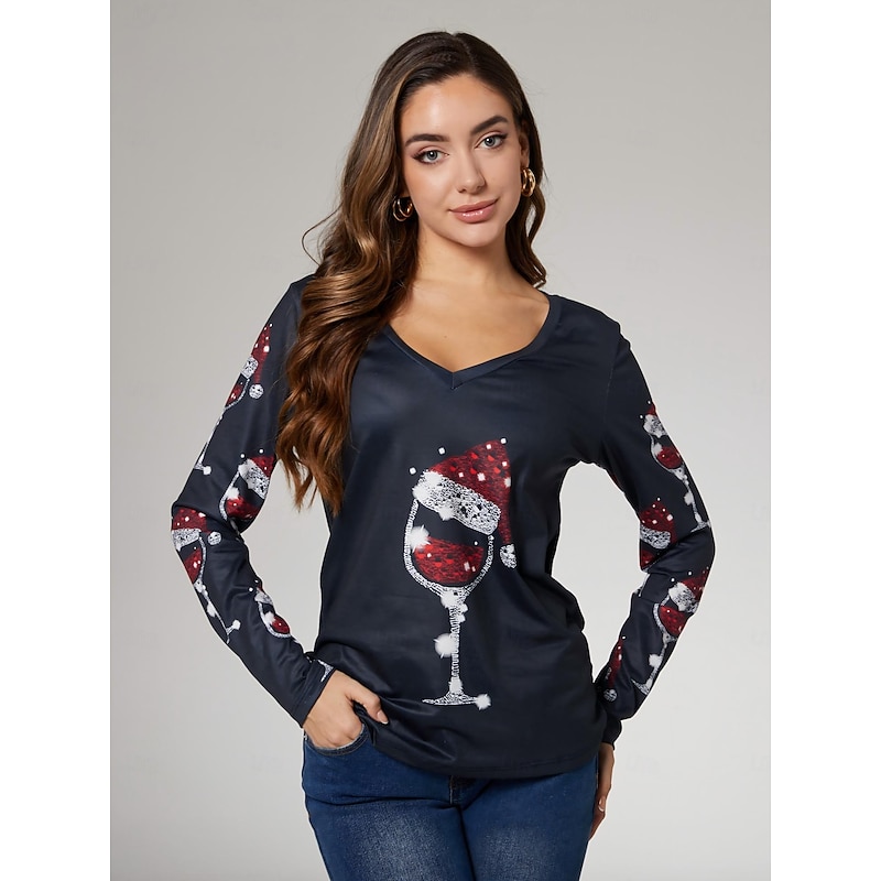 Women's Blouse V-Neck Print Santa Hat Wine Glasses Holiday Tee Black Festive Casual Party Top Comfortable2