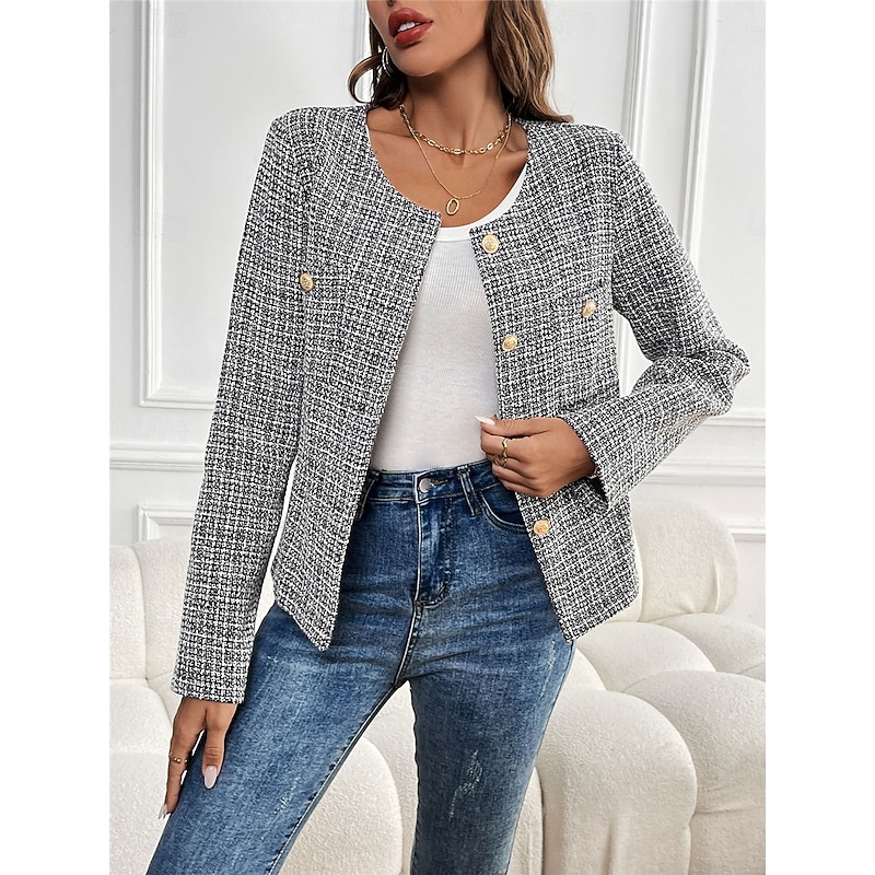Women's Casual Jacket Warm Breathable Buttons Casual Plaid Vacation Street Daily Wear Going out Single Breasted Short Crewneck Regular Fit Long Sleeve Outerwear Black Fall Winter2