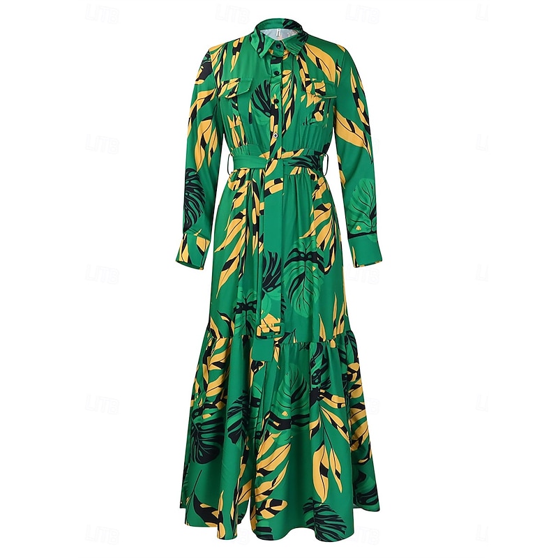 Women's Leaf Shirt Collar Maxi Dress Long Sleeve Summer Spring4