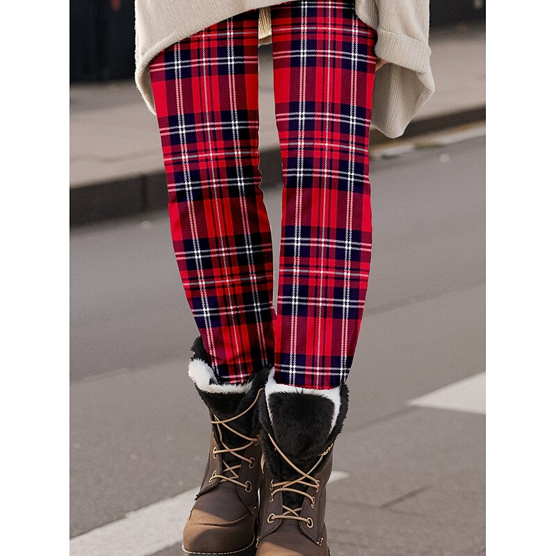 Women's Leggings Fashion Streetwear Ankle-Length High Waist Plaid Printing Thermal Warm Soft Breathable Micro-elastic Christmas Outdoor Daily Wine Fall Winter Regular Fit