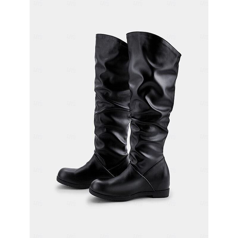 Women's Black Faux Leather Slouchy Knee-High Boots – Stylish and Comfortable Flat Boots for Everyday Wear and Casual Outings3