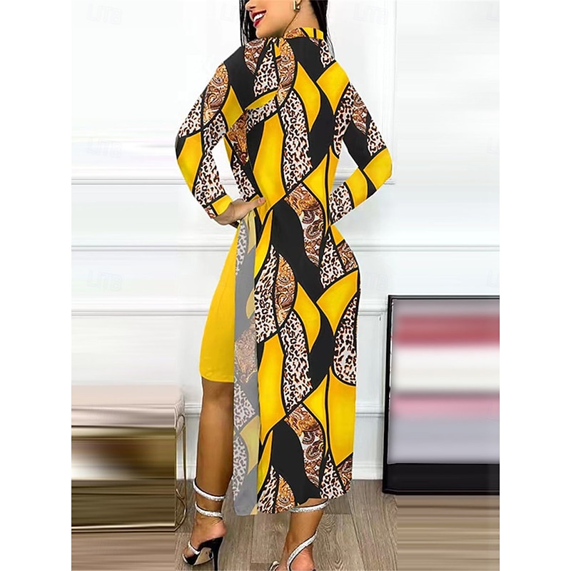 Women's Dress Set Casual Dress Casual Leopard Color Block Print Midi Dress Long Sleeve Stand Collar Outdoor Daily Yellow Red Navy Blue Summer Spring Regular Fit
