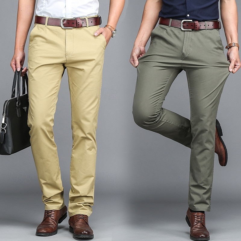 Men's Dress Pants Trousers Chinos Buttons Pocket Plain Comfort Formal Party Work Fashion Classic Style Dark Khaki Light Khaki