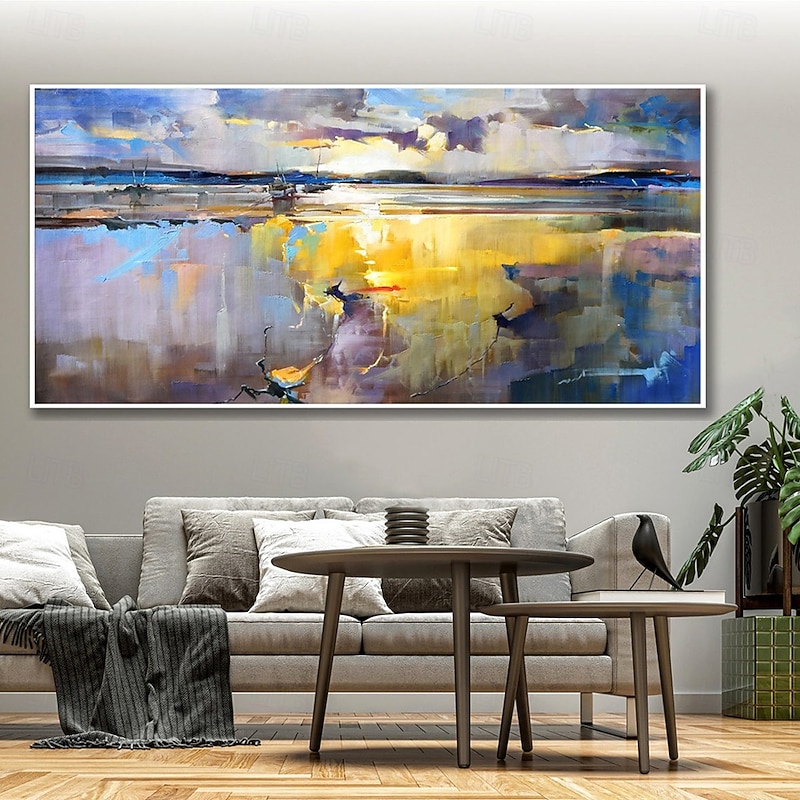 Mintura Handmade Lake View Oil Paintings On Canvas Wall Art Decoration Modern Abstract Landscape Picture For Home Decor Rolled Frameless Unstretched Painting