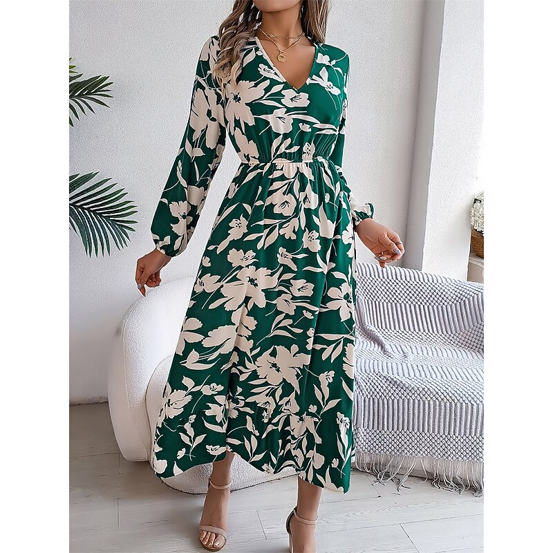 Women's Midi Dress Casual Dress Swing Dress A Line Dress Casual Daily Regular Fit Floral Long Sleeve V Neck Wine Green Khaki Summer Spring Fall3