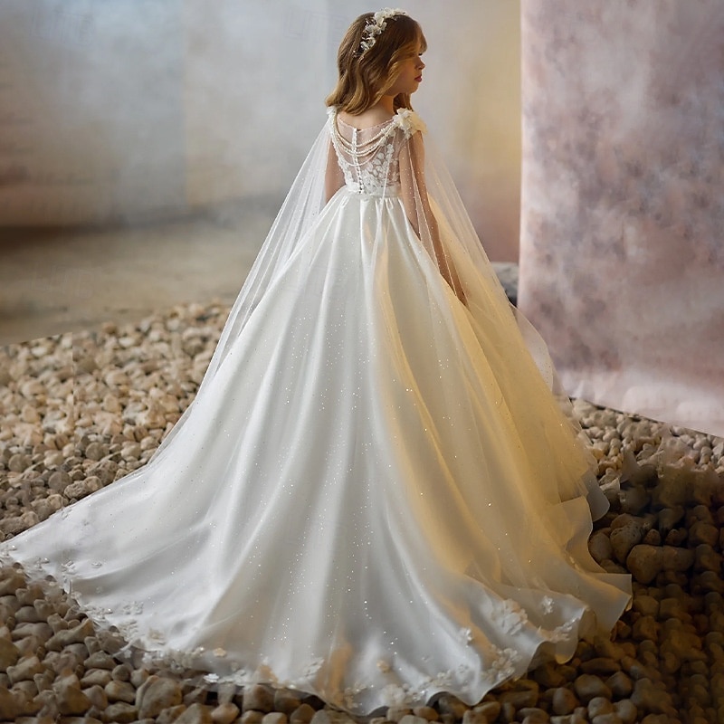 Flower Girl Dress Girls' Formal Dress First Communion Dress Party Dress Performance Wedding Party Princess Sweet Mesh Solid Color Sleeveless V Neck White kids4