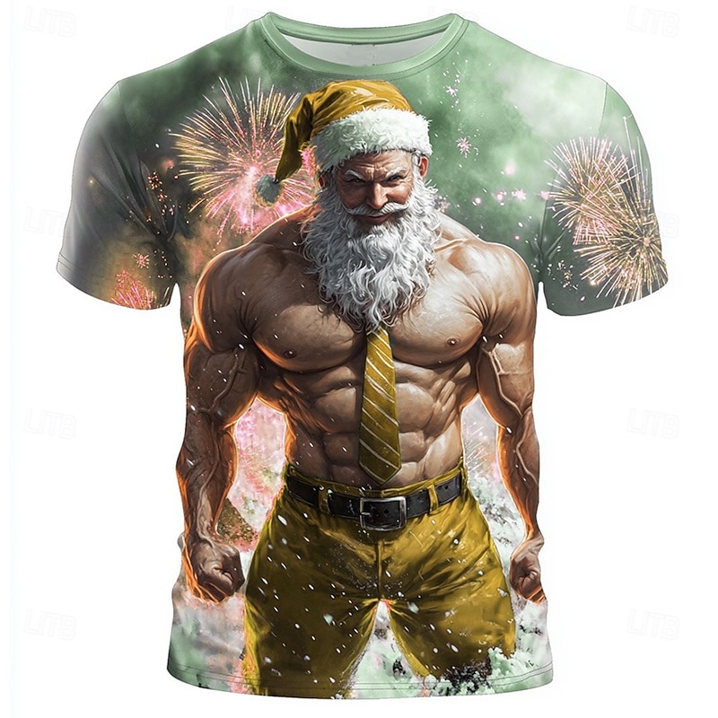 Christmas Men's Santa Claus 3D T-shirts Santa Claus Muscle Casual Street Style 3D Print Tee Sports Outdoor Holiday Gray Short Sleeve Crew Neck Spring & Summer Clothing Apparel S M L XL XXL4