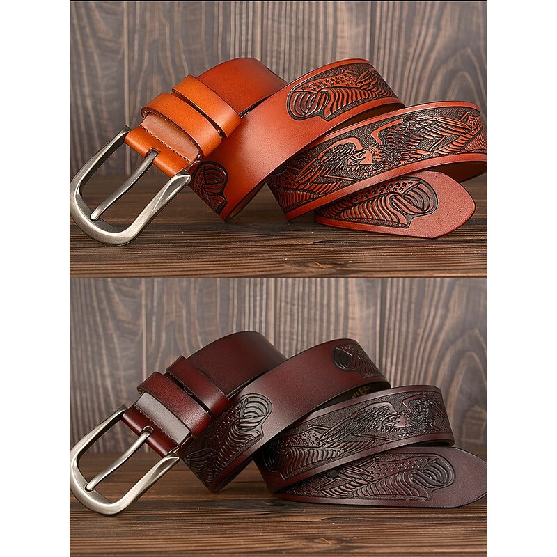 Men's Leather Belt with Engraved American Eagle and Flag Design - Western Style, Durable Vintage Belt for Jeans or Casual Wear4
