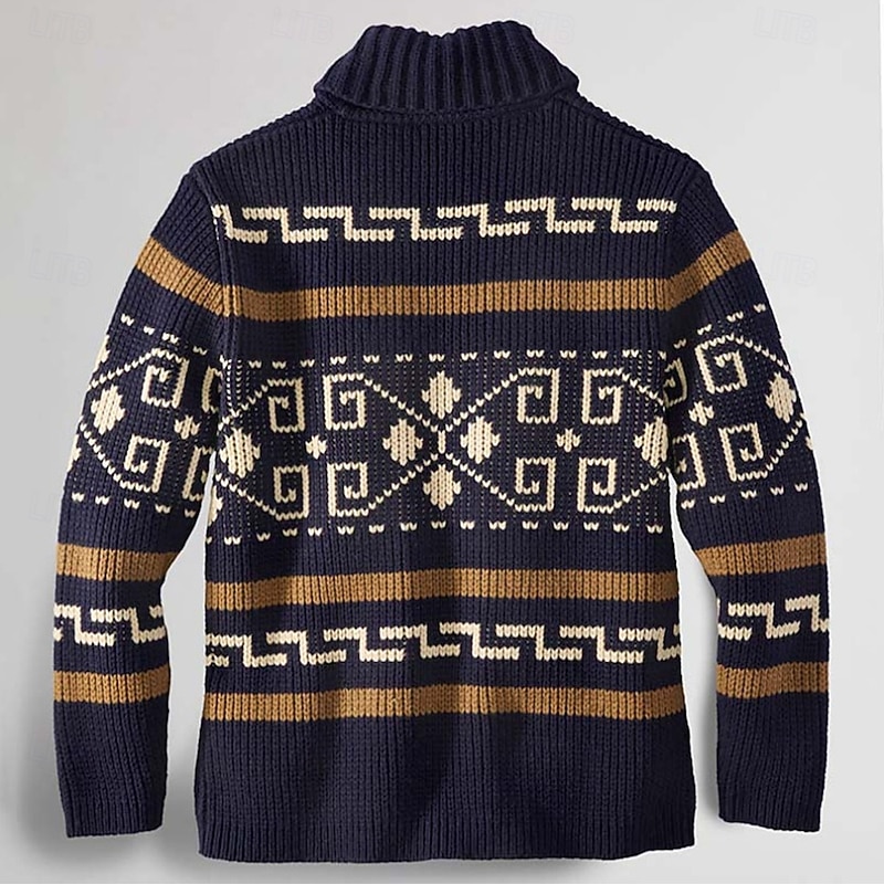 Men's Jacquard Sweater Cardigan Sweater Fair Isle Sweater Zip Sweater Knitted Cardigan Knit Zipper Tribal Rolled collar Fashion Classic Outdoor Vacation Clothing Apparel Drop Shoulder Fall & Winter3