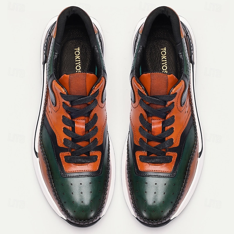 Men's Premium Cowhide Leather Sneakers – Vintage Lace-Up Casual Shoes with Color Block Design for Everyday and Fashion Wear2