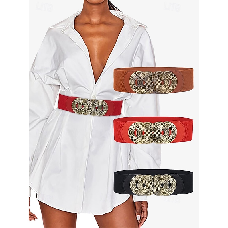 Women's Wide Elastic Waist Belt with Vintage Metal Buckle – Fashion Stretch Belt for Dresses, Tunics, and Blouses – Available in Black, Red, and Brown3
