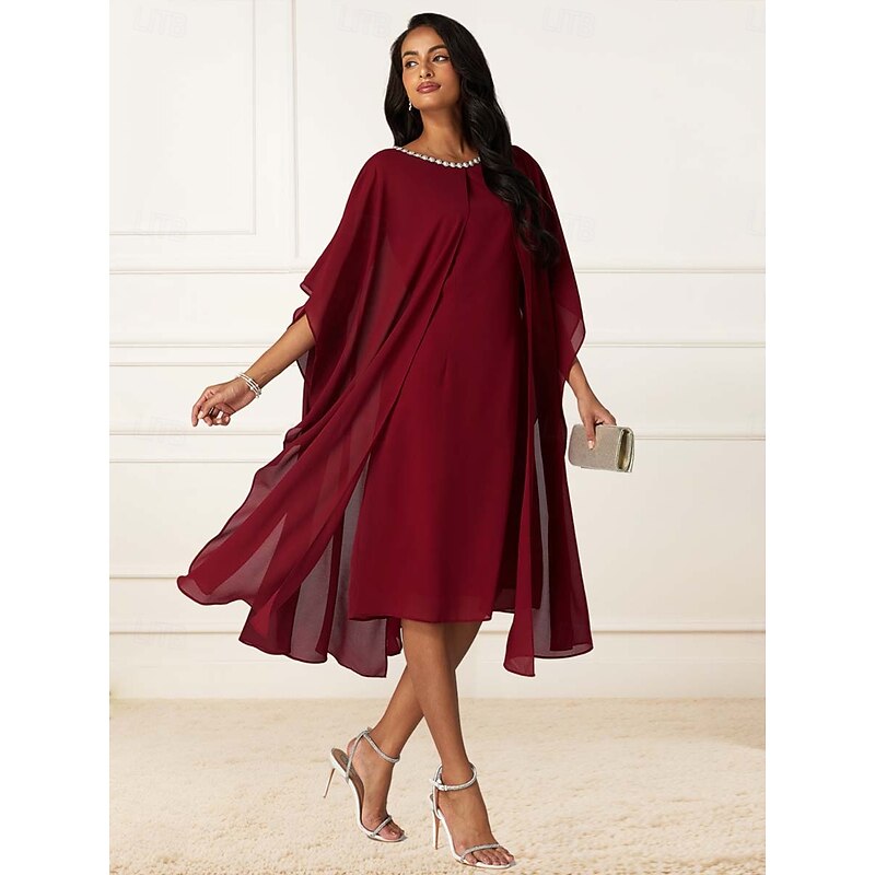 Women's Tea Length Prom Dress Elegant Cocktail Party Regular Fit Half Sleeve Crew Neck Red Summer Spring4