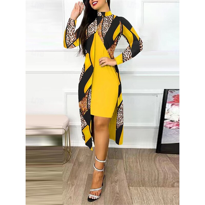 Women's Dress Set Casual Dress Casual Leopard Color Block Print Midi Dress Long Sleeve Stand Collar Outdoor Daily Yellow Red Navy Blue Summer Spring Regular Fit2