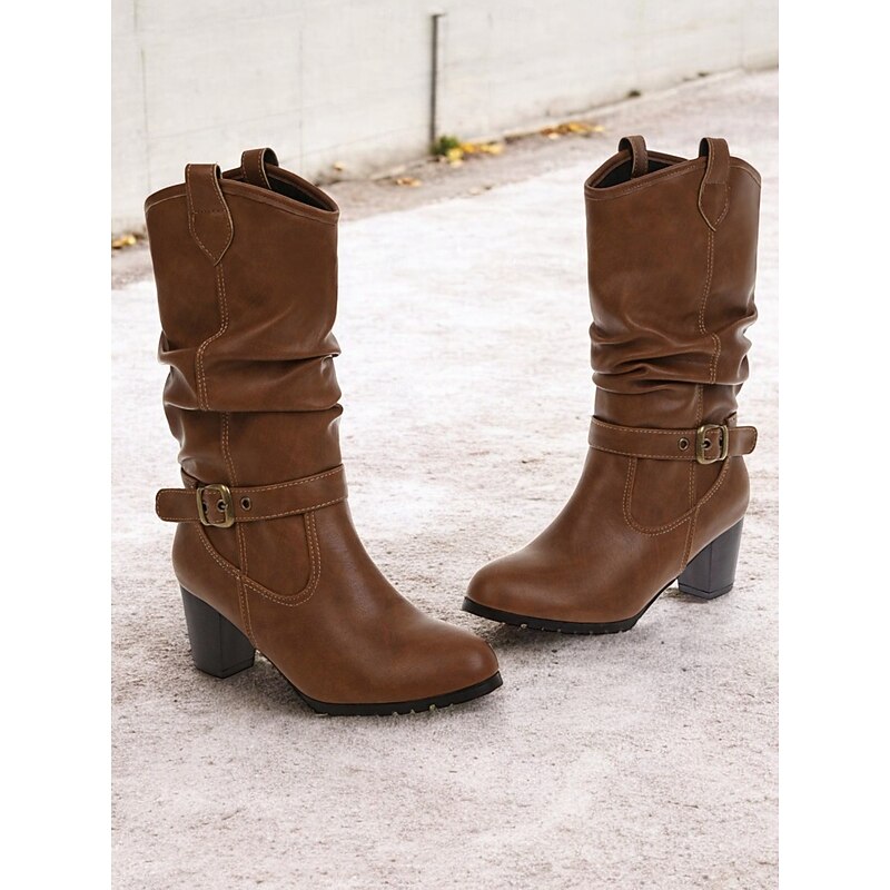 Women's Brown Knee-High Boots with Buckle Details and Block Heels – Classic and Versatile Footwear for Casual and Fall Outfits2