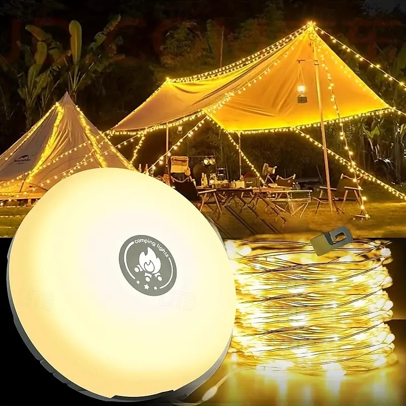LED Outdoor String Lights 4 in 1 Outdoor Camping Lights with 8 Lighting Modes Warm White Portable Patio Lights Rechargeable Power Bank Yard Hiking Decoration Holiday Christmas 10 meters