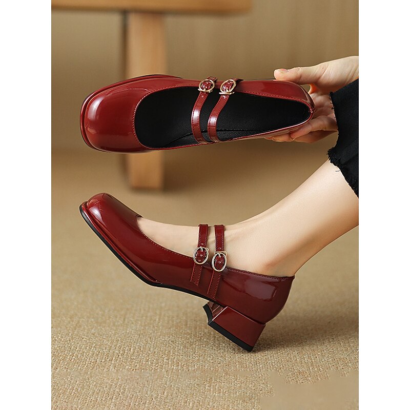Women's Vintage Double Strap Mary Jane Shoes, Patent Leather Block Heels with Buckle Detail, Perfect for Retro Style and Casual Occasions2
