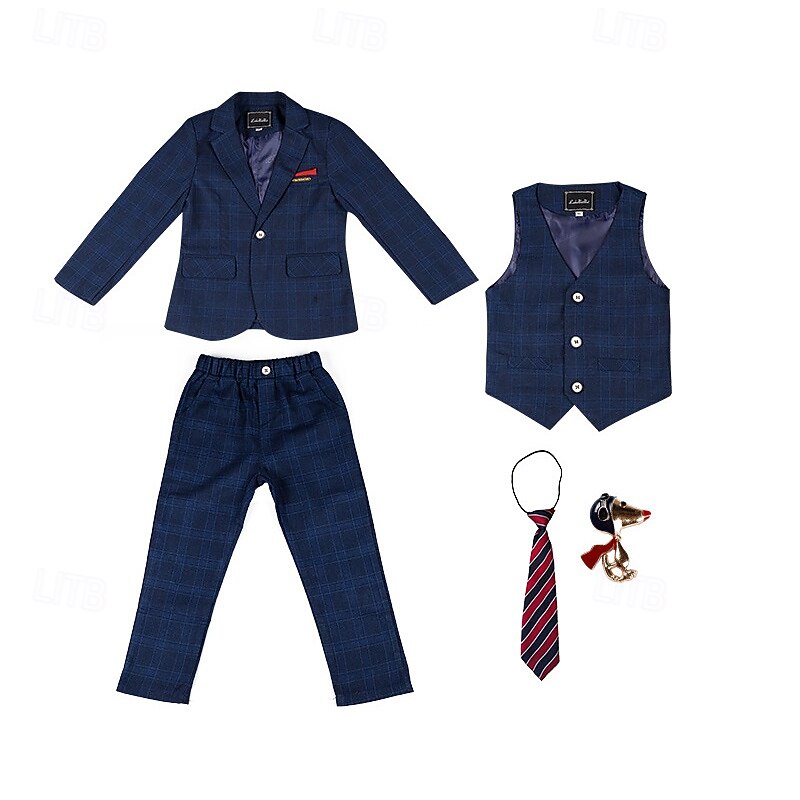 4 Pieces Ring Bearer Suit Boys Kids Suit Formal Suit Blazer & Vest & Pants & Brooch & Tie Formal Party Valentines Fashion Cool Plaid Pocket Blue Purple Polyester3