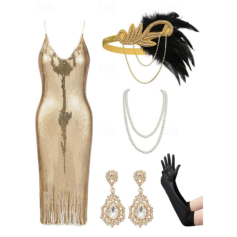 Retro Vintage Roaring 20s 1920s Midi Flapper Dress Outfits Cocktail Dress The Great Gatsby Flapper Girl Wedding Guest Sequins Fringe Fancy Dress Women's Carnival Costume 7 PCS Christmas Halloween
