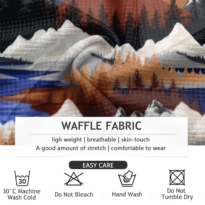 Men's Scenery Waffle Polo Shirts Golf Shirt Long Sleeve Polo Shirts Collared Shirts Vintage Casual Outdoor Home Dailywear Buttons 3D Print Spring Fall Winter Blue3