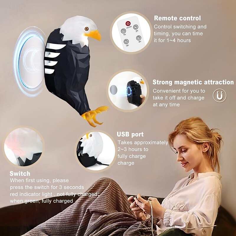Rechargeable 3D Animals LED Wall Owl Sleep Night Light with Remote Control, Wall Light Bald Eagle Lion Wall Light Plug into Wall for Stairway Hallway Kitchen Resin Craft3