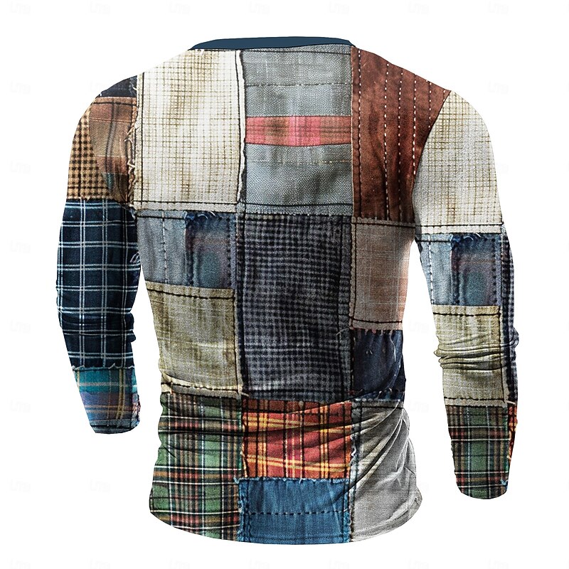 Men's Patchwork Henley Shirt Long Sleeve Shirt Long Sleeve 3D Printing Designer Retro Vintage Casual Street Casual Daily Winter Spring &  Fall Red Blue Dark Blue Henley Collar Button Henley Henley4