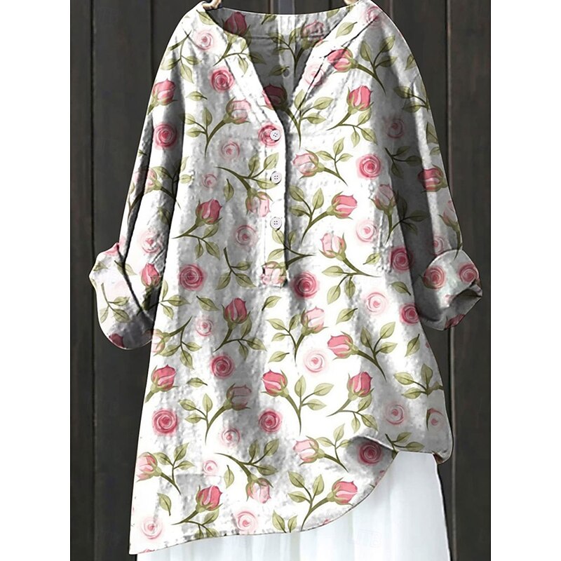 Women's Shirt Linen-Inspired Shirts Long Sleeve V Neck Rose Pink Gray Spring Fall2