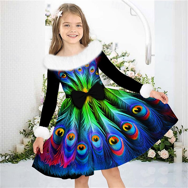 Girls' 3D Peacock Dress Long Sleeve 3D Print Fall Winter Vacation Sports & Outdoor Daily Cute Casual Beautiful Kids 3-12 Years Casual Dress Swing Dress A Line Dress Above Knee Regular Fit2