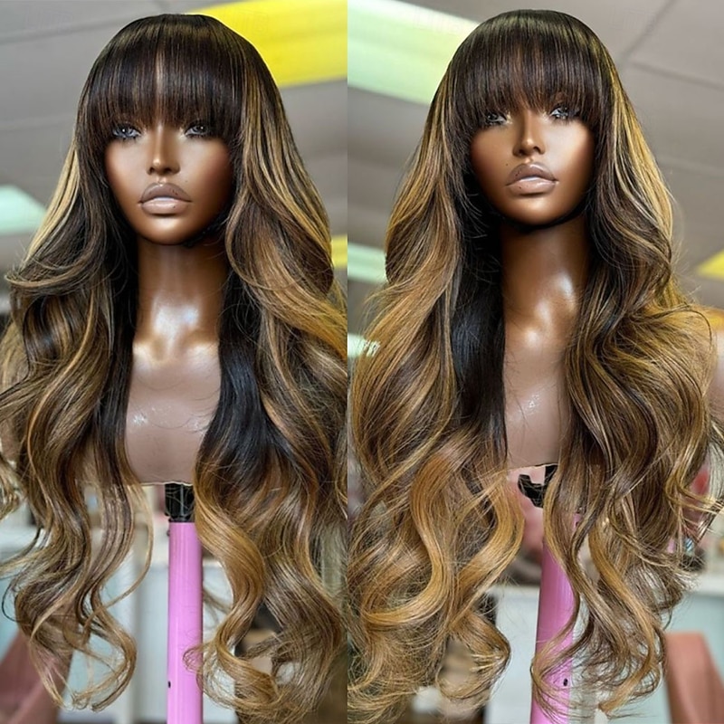 Brazilian Remy Human Hair Highlight 13x4 Lace Front Wig with Bangs Wavy Colored Human Hair Glueless Wigs Pre-Plucked For wigs for women2