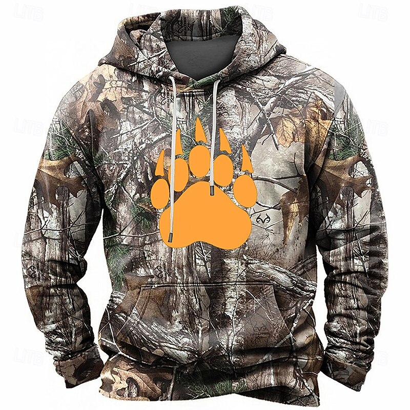 Men's Camo / Camouflage Footprint / Paw Hoodies Sweatshirt Daily Casual Long Sleeve Hooded Vacation Sports Outdoor Streetwear Army Green Gray Print Front Pocket Spring &  Fall Designer