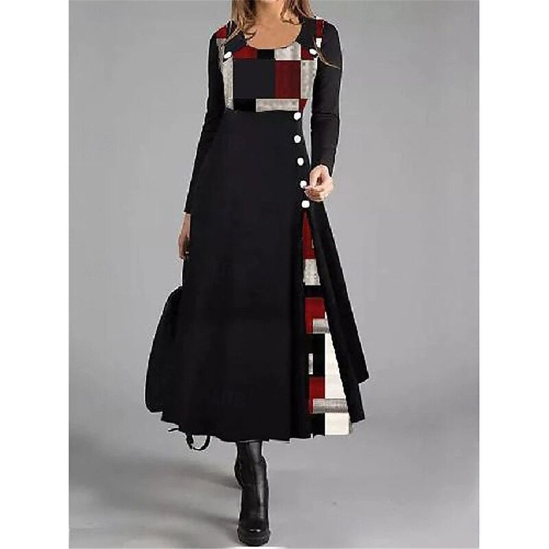 Women's Plaid Crew Neck Maxi Dress Long Sleeve Spring Fall