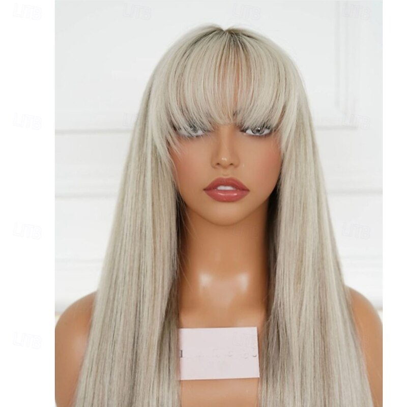 Remy Human Hair 5x5 Closure 13x4 Lace Front Wig With Bangs Brazilian Hair Straight Silky Straight Multi-color Wig 130% 150% Density Highlighted / Balayage Hair Natural Hairline Glueless Pre-Plucked4
