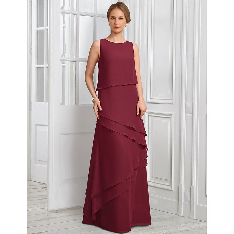 Two Piece A-Line Formal Suit Mother of the Bride Dress Elegant Sparkle & Shine Jewel Neck Floor Length Chiffon Half Sleeve with Buttons Appliques Flower4