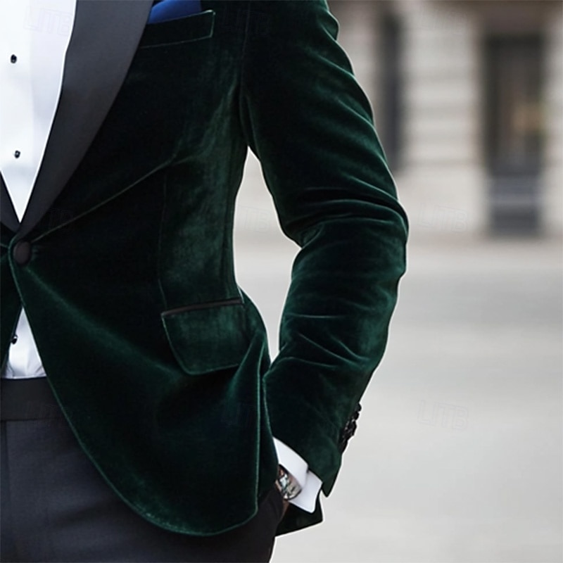 Men's Blazer Jacket Tuxedo Lapel Christmas Vintage Solid Colored Blazer Green Standard Fit3