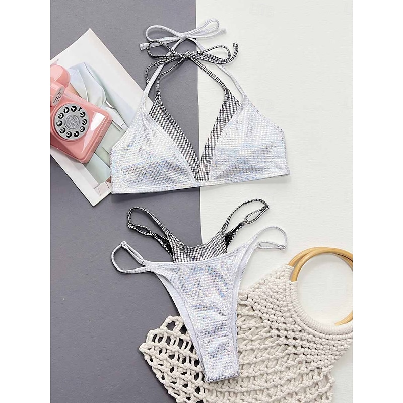 Women's Swimwear Bikini 2 Piece Thong Swimsuit Backless Glitter Slim Vacation Beach Wear Solid Color Halter Neck Sleeveless Bathing Suits4