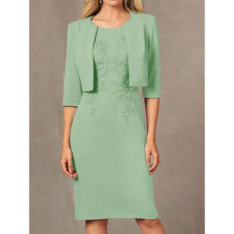 Two Piece Sheath / Column Dress Beach Wedding Suit Mother of the Bride Dress Simple Jewel Neck Knee Length Stretch Fabric Jacket Dresses with Embroidery Appliques Race Day Dress