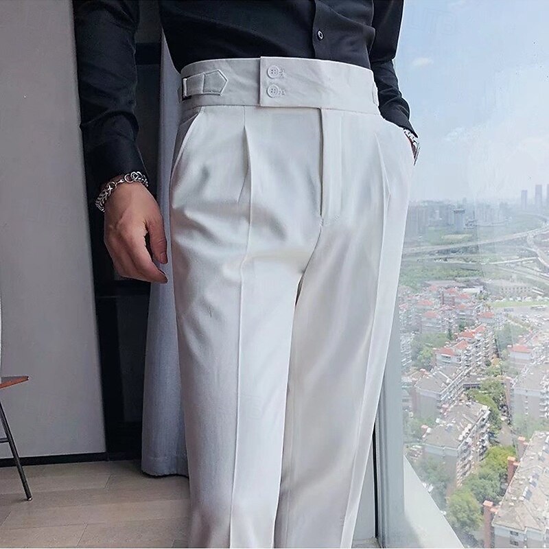 Men's Graduation Dress Pants Trousers Chinos Buttons Pocket Solid Color Comfort Formal Party Work Fashion Classic Style Black White Micro-elastic2