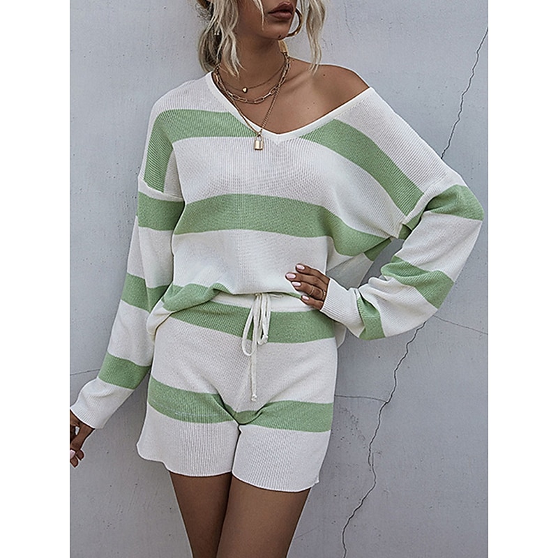 Women's Knit Two Piece Set Off-Shoulder Long Sleeve Drawstring Shorts Striped White Pastel Green Spring Autumn Casual Loungewear Comfortable Sizes