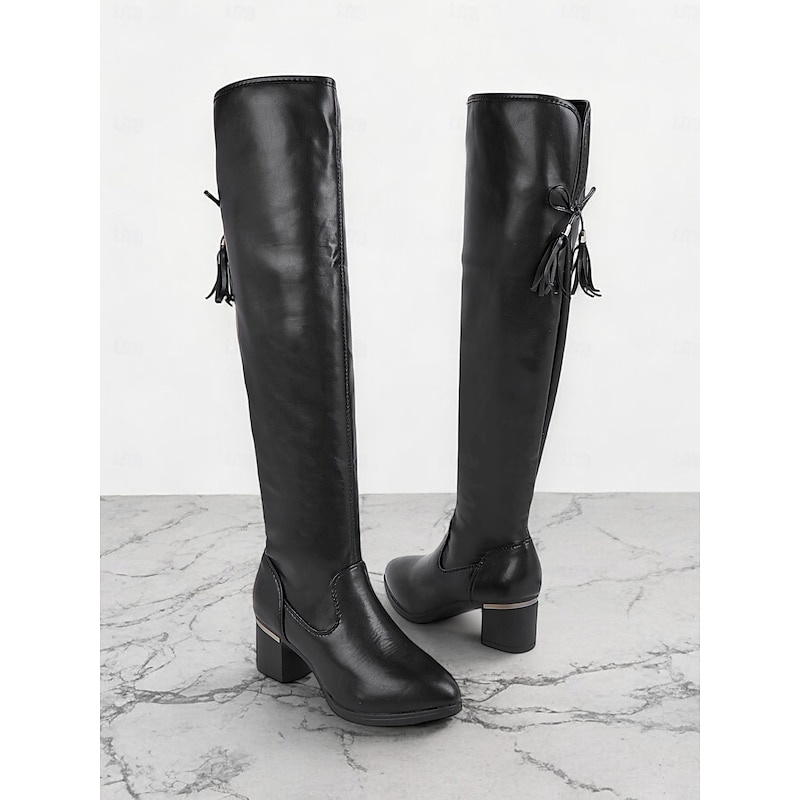 Women's Black Over-The-Knee Faux Leather Boots with Block Heel – Elegant Thigh-High Boots for Winter Fashion and Evening Outfits3