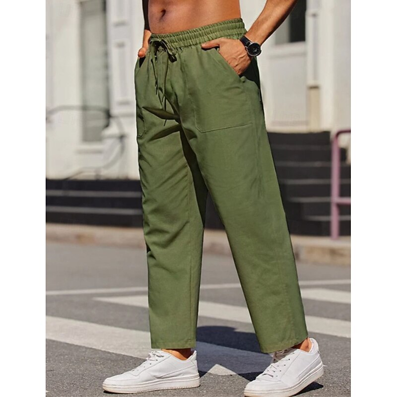 Men's Linen Pants Trousers Summer Pants Drawstring Elastic Waist Straight Leg Plain Comfort Breathable Full Length Outdoor Casual Daily Fashion Business Black White2