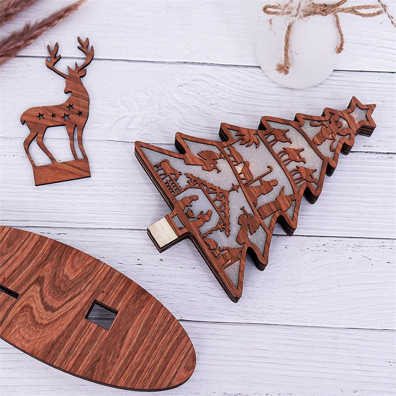 Wooden Light-Up Nativity Scene Decor, Jesus Birth Display with Christmas Tree and Reindeer, Easter Nativity Ornament for Home Decoration2