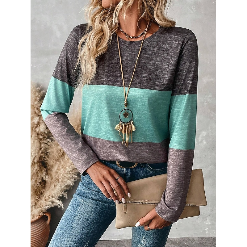 Women's T shirt Crew Neck Long Sleeve Tunic Graphic Color Block Striped Vintage Stylish Classic  Regular Tops Daily Weekend Print Green Fall4