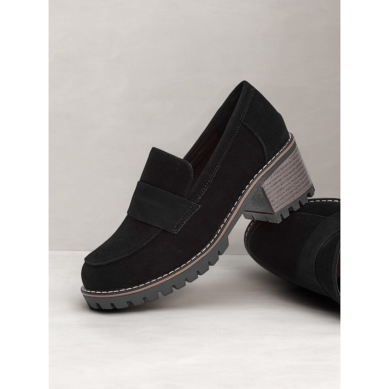 Women's Black Suede Chunky Loafers - Rugged Sole with Block Heel for Casual and Everyday Wear2