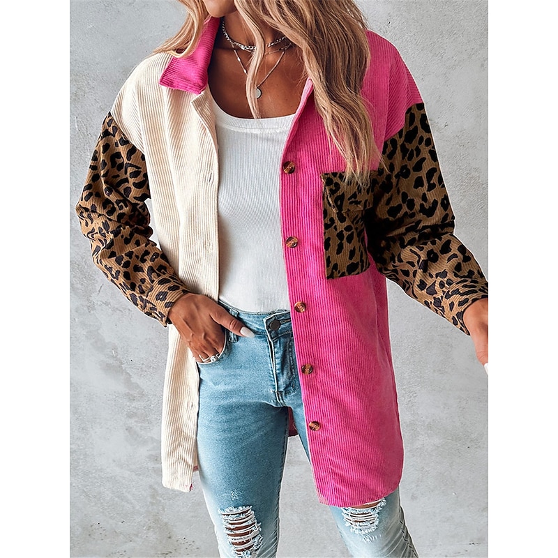 Women's Casual Jacket Outdoor Buttons Leopard Windproof Fashion Regular Fit Outerwear Long Sleeve Fall Blue S3