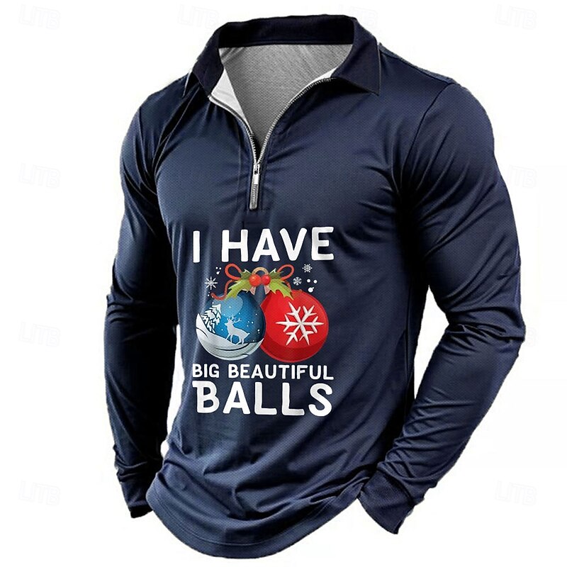 Christmas Men's Funny Zip Polo Long Sleeve Polo Shirts Collar Business Casual Vacation Party Evening Wear New Years Eve Shirts 3D Print Spring Fall & Winter Black Wine Blue3